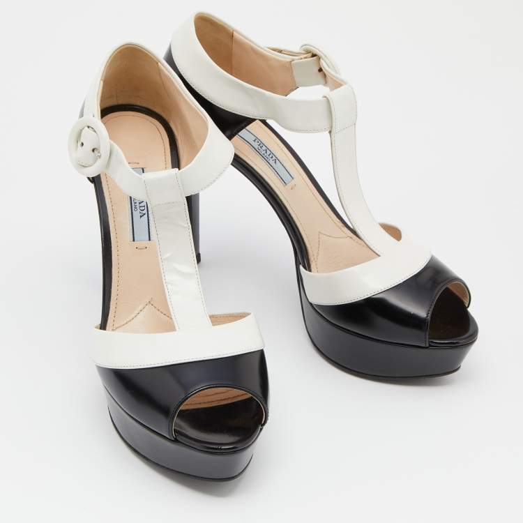 Pre Owned Prada Black/White Leather Open Toe T-Strap Platform Sandals Size 38