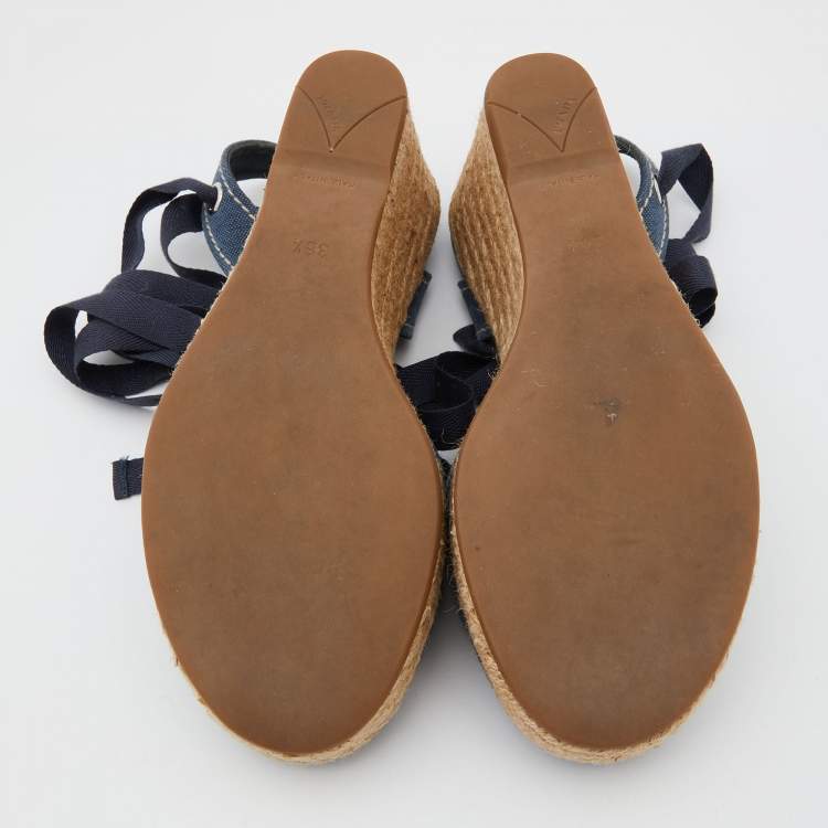 مملوكة مسبقًا Prada Navy Blue Denim Espadrille Wedge Ankle Tie Pumps Size 36.5