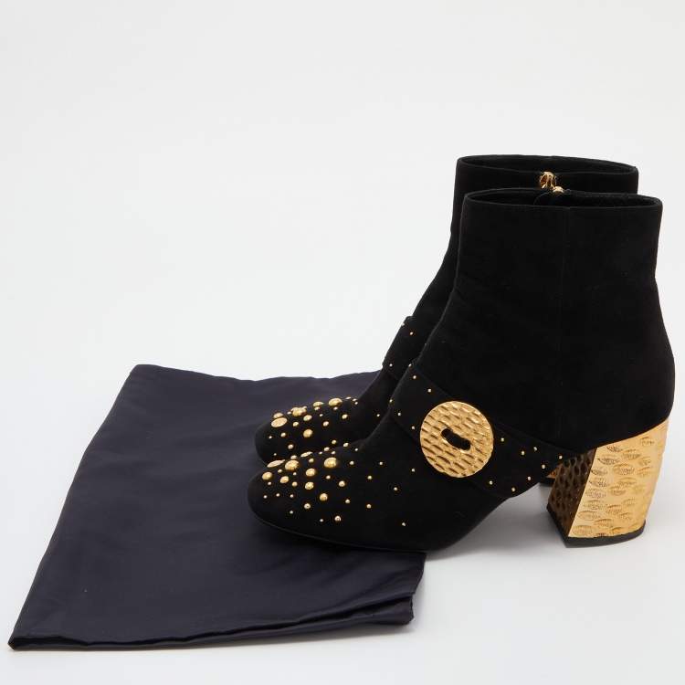 Pre Owned Prada Black Suede Studded Metallic Block Heel Ankle Boots Size 40