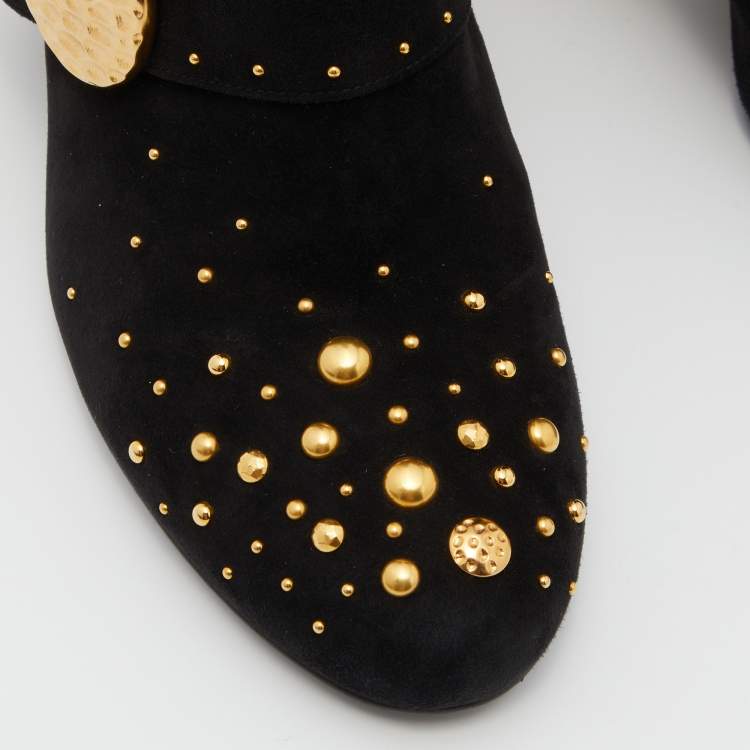 Pre Owned Prada Black Suede Studded Metallic Block Heel Ankle Boots Size 40