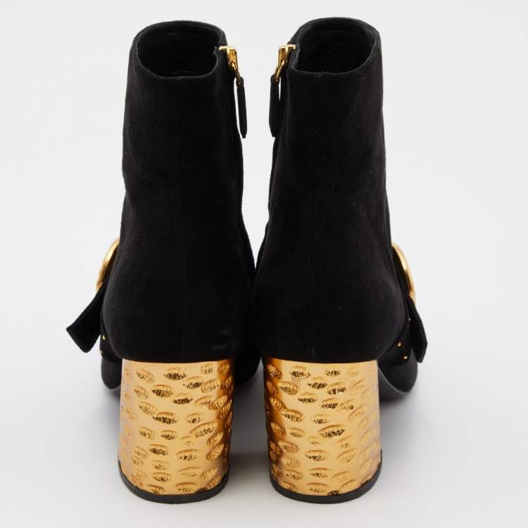 Pre Owned Prada Black Suede Studded Metallic Block Heel Ankle Boots Size 40