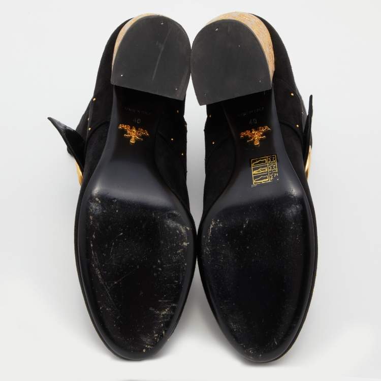Pre Owned Prada Black Suede Studded Metallic Block Heel Ankle Boots Size 40