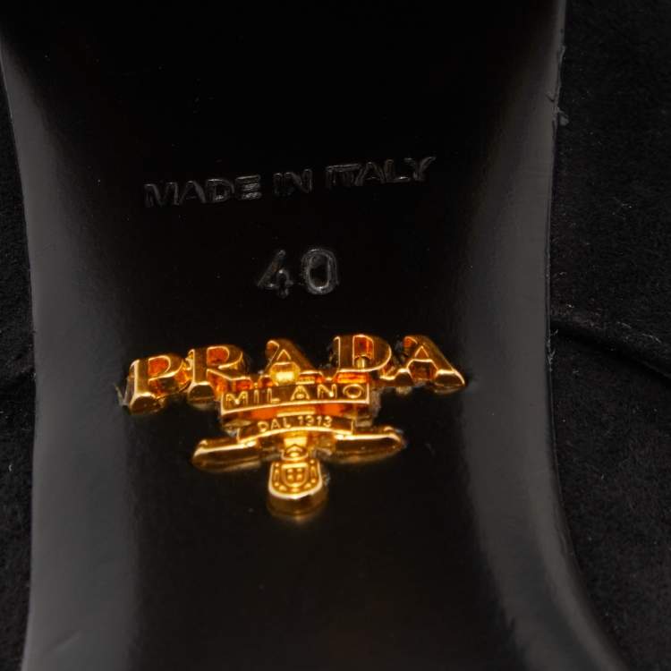 Pre Owned Prada Black Suede Studded Metallic Block Heel Ankle Boots Size 40