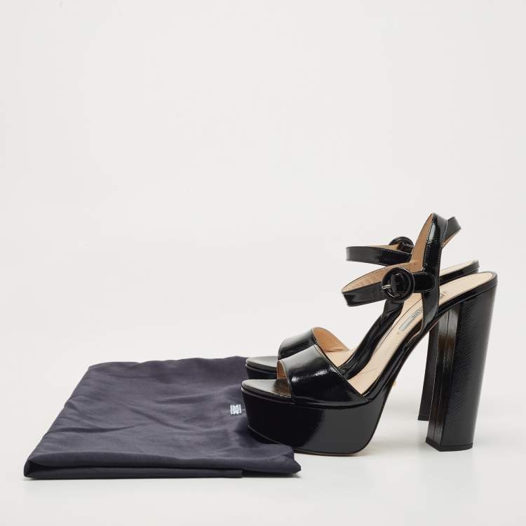Pre Owned Prada Black Patent Leather Platform Ankle Strap Block Heel Sandals Size 38 
