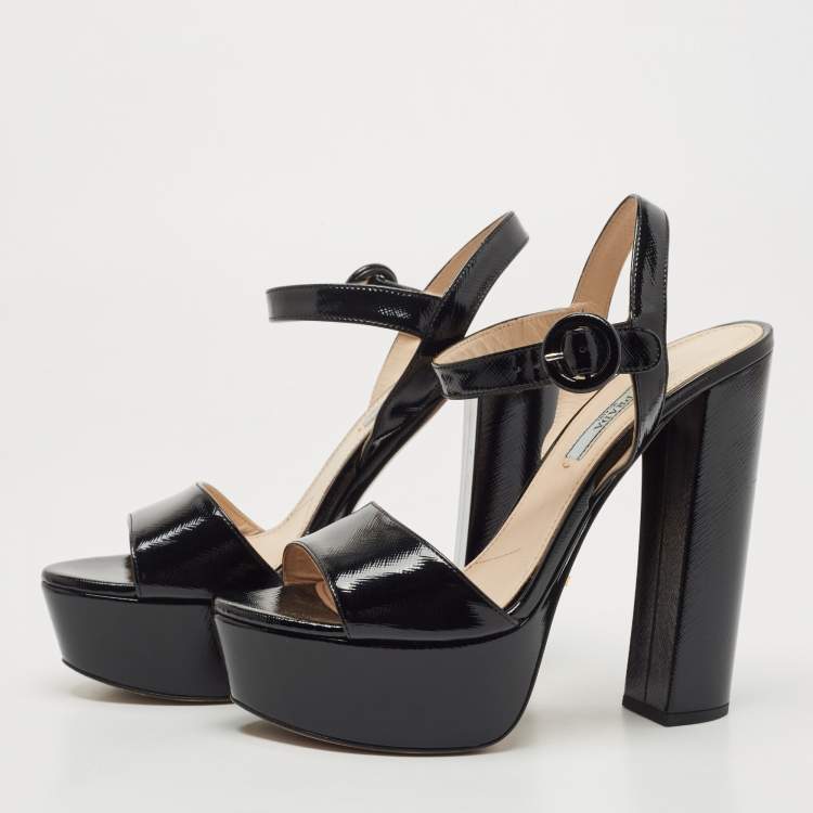Pre Owned Prada Black Patent Leather Platform Ankle Strap Block Heel Sandals Size 38 