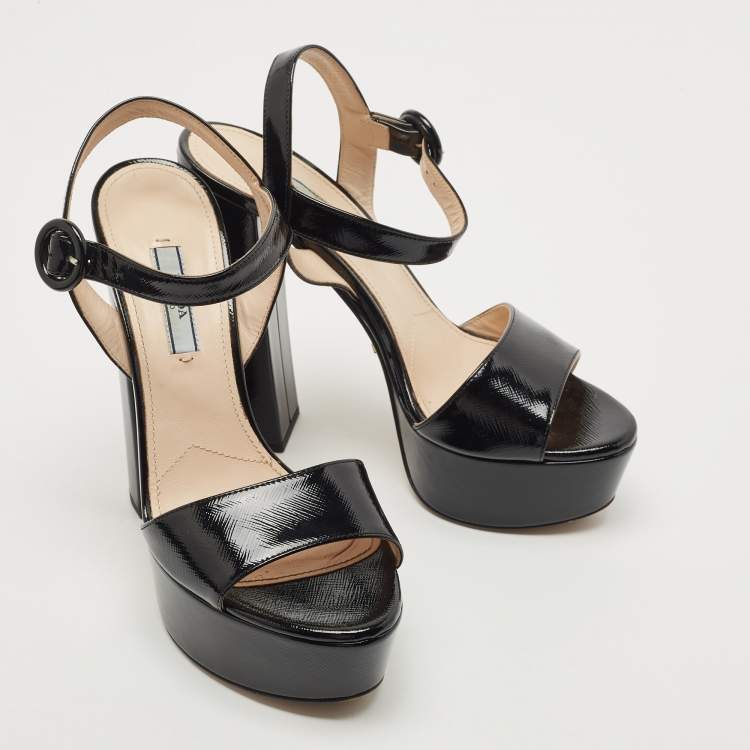 Pre Owned Prada Black Patent Leather Platform Ankle Strap Block Heel Sandals Size 38 