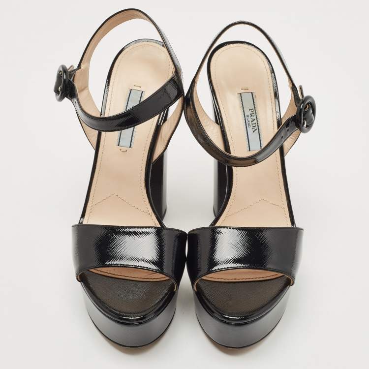 Pre Owned Prada Black Patent Leather Platform Ankle Strap Block Heel Sandals Size 38 