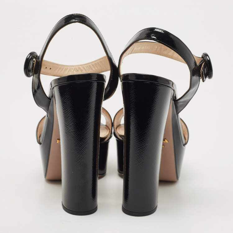 Pre Owned Prada Black Patent Leather Platform Ankle Strap Block Heel Sandals Size 38 