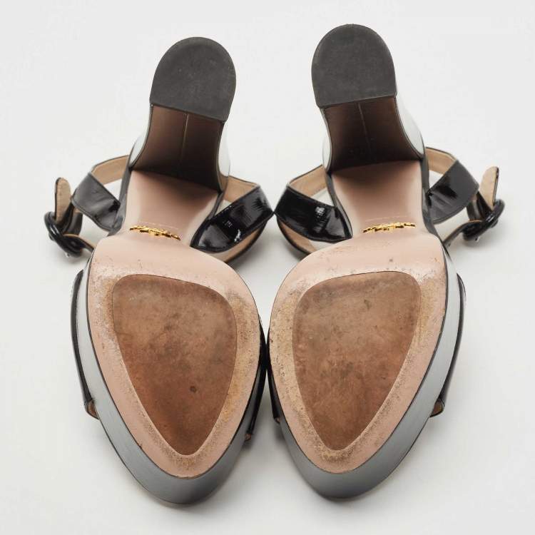 Pre Owned Prada Black Patent Leather Platform Ankle Strap Block Heel Sandals Size 38 