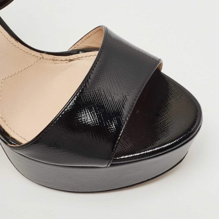 Pre Owned Prada Black Patent Leather Platform Ankle Strap Block Heel Sandals Size 38 