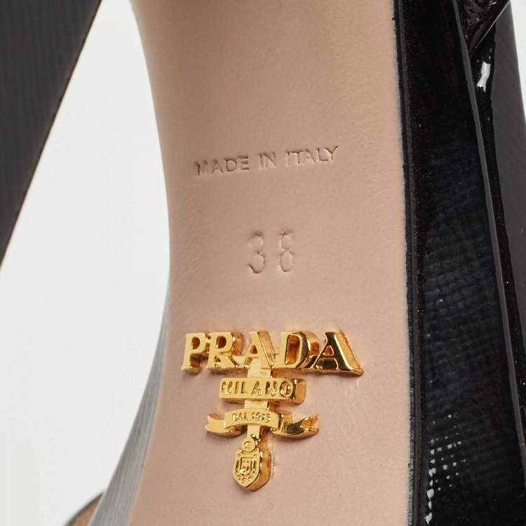 Pre Owned Prada Black Patent Leather Platform Ankle Strap Block Heel Sandals Size 38 