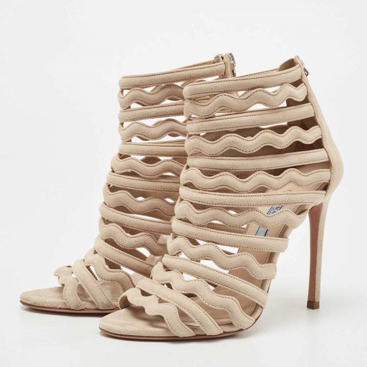 Pre Owned Prada Beige Suede Wavy Caged Open Toe Booties Size 38