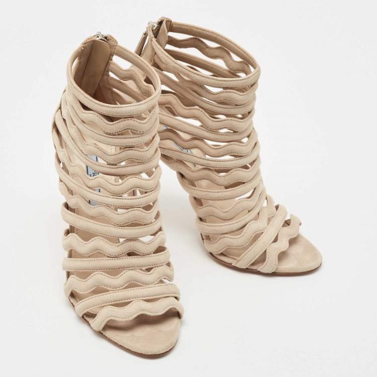 Pre Owned Prada Beige Suede Wavy Caged Open Toe Booties Size 38