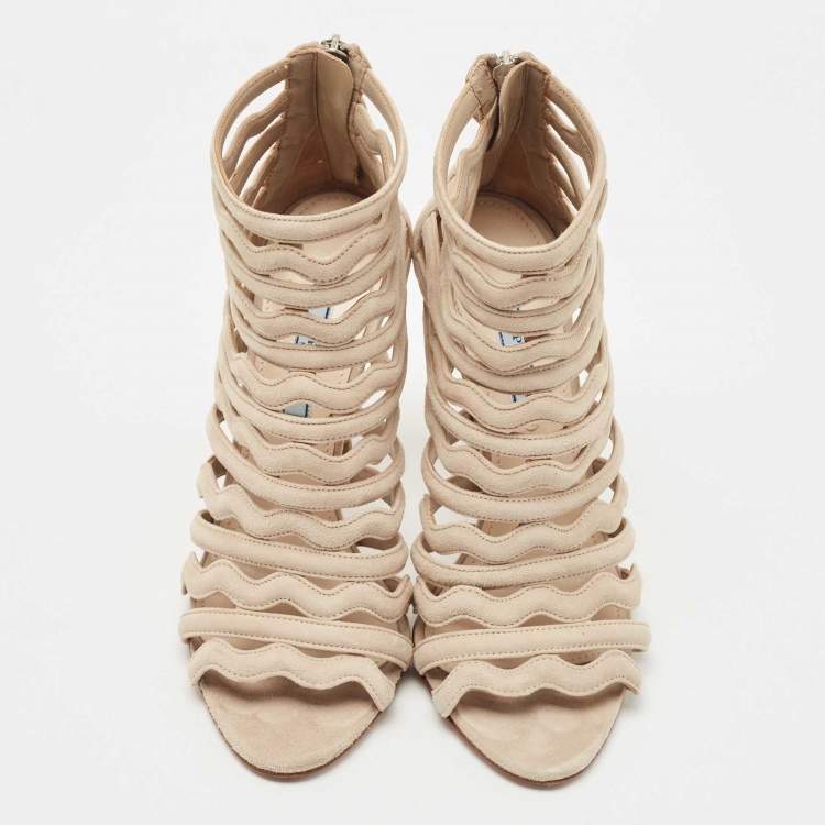 Pre Owned Prada Beige Suede Wavy Caged Open Toe Booties Size 38