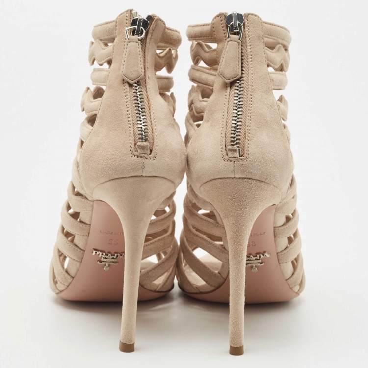 Pre Owned Prada Beige Suede Wavy Caged Open Toe Booties Size 38