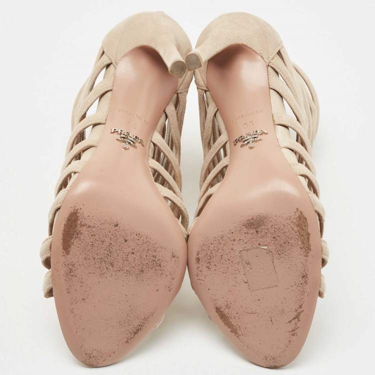 Pre Owned Prada Beige Suede Wavy Caged Open Toe Booties Size 38
