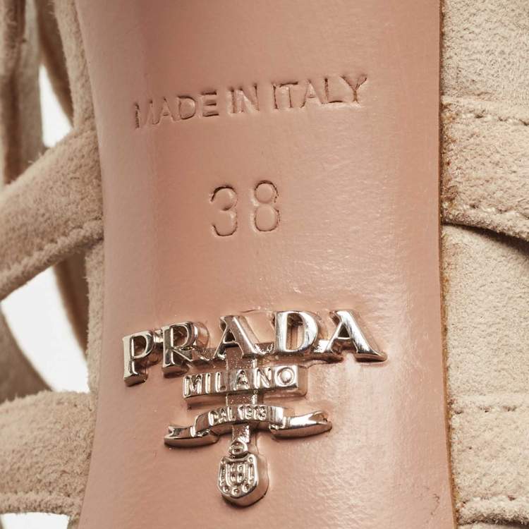 Pre Owned Prada Beige Suede Wavy Caged Open Toe Booties Size 38