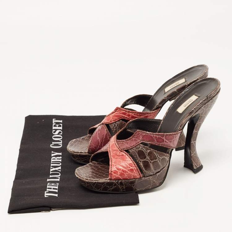 Pre Owned Prada Tricolor Croc Embossed Leather Platform Slide Sandals Size 39