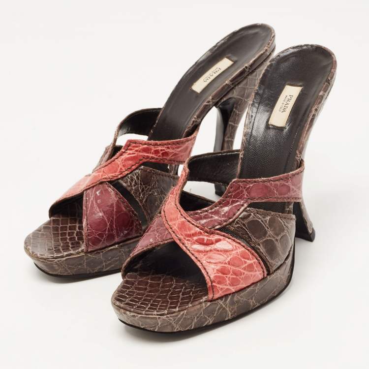 Pre Owned Prada Tricolor Croc Embossed Leather Platform Slide Sandals Size 39