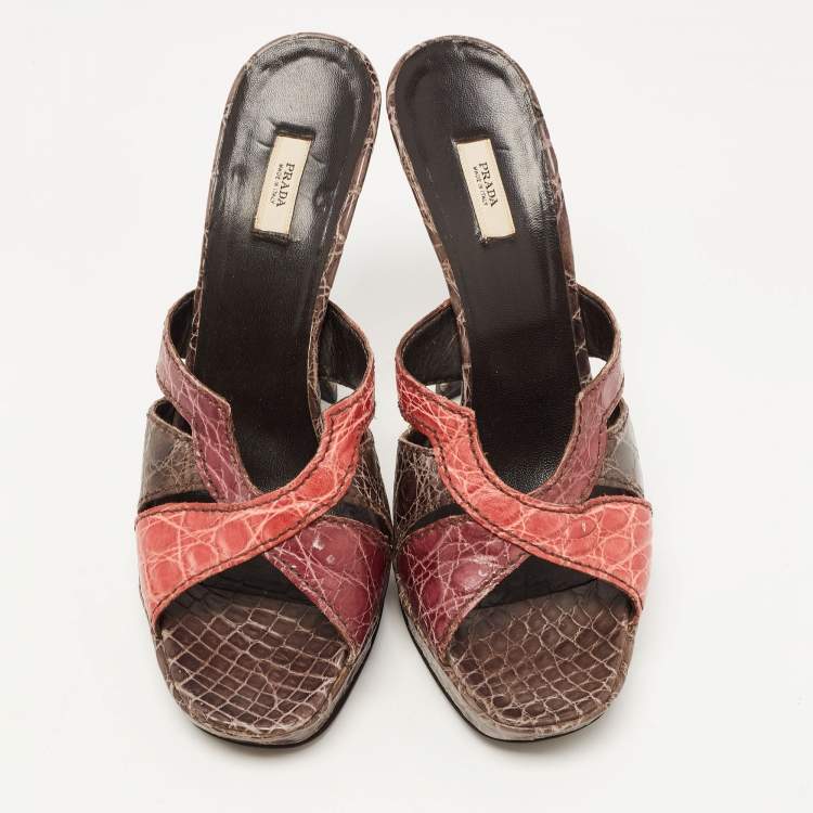 Pre Owned Prada Tricolor Croc Embossed Leather Platform Slide Sandals Size 39