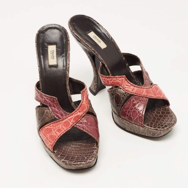 Pre Owned Prada Tricolor Croc Embossed Leather Platform Slide Sandals Size 39