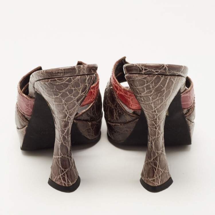Pre Owned Prada Tricolor Croc Embossed Leather Platform Slide Sandals Size 39