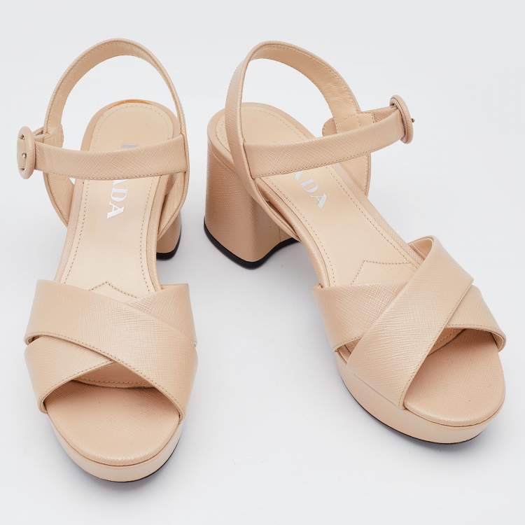 Pre Owned Prada Beige Patent Leather Criss Cross Ankle Strap Block Heel Platform Sandals Size 37.5