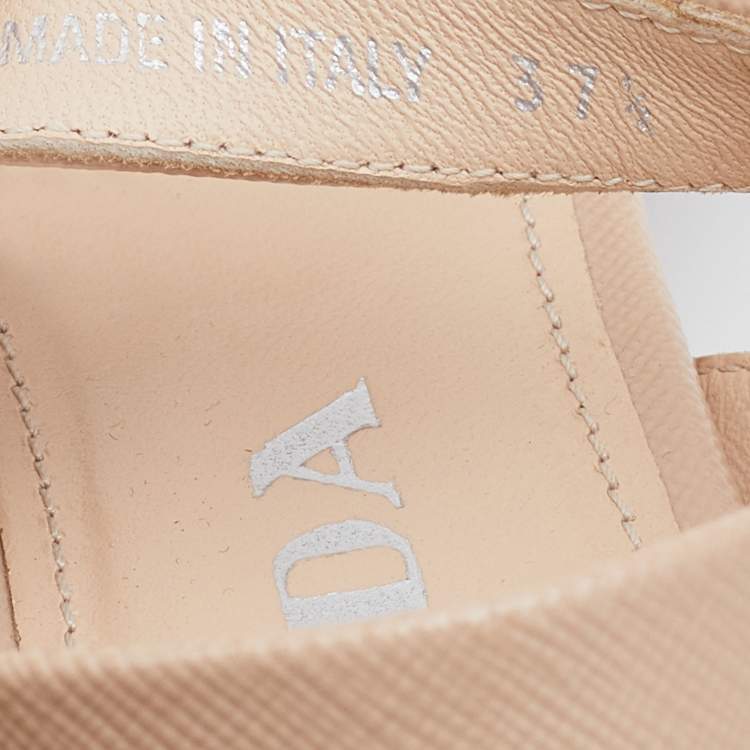 Pre Owned Prada Beige Patent Leather Criss Cross Ankle Strap Block Heel Platform Sandals Size 37.5