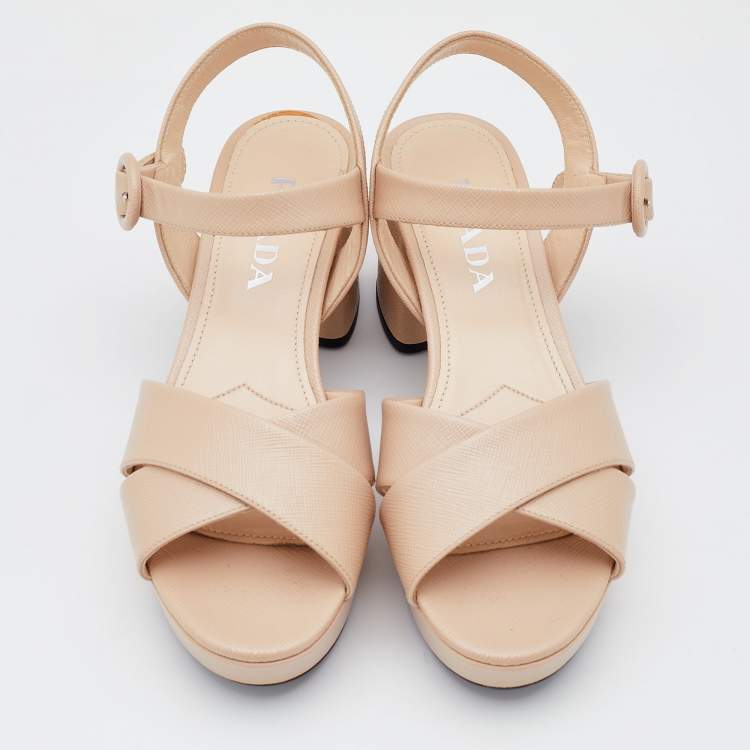 Pre Owned Prada Beige Patent Leather Criss Cross Ankle Strap Block Heel Platform Sandals Size 37.5
