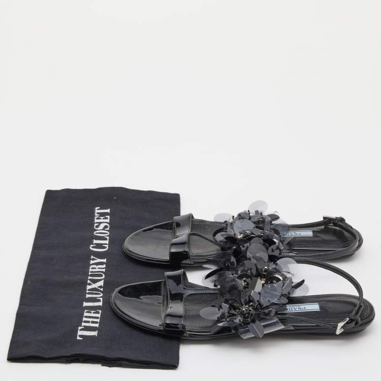 Pre Owned Prada Black Patent Leather and PVC Crystal/Beads Embellished Flat Sandals Size 38