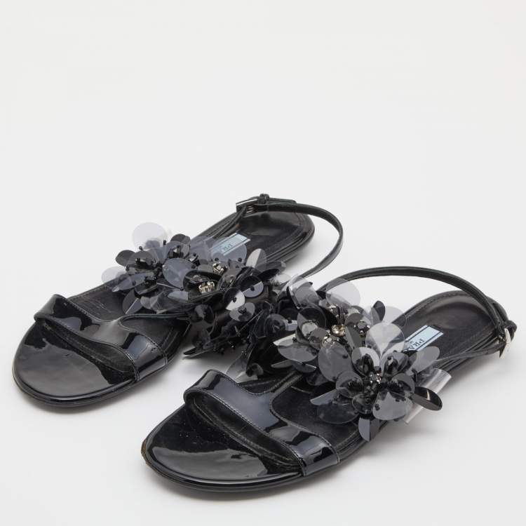 Pre Owned Prada Black Patent Leather and PVC Crystal/Beads Embellished Flat Sandals Size 38