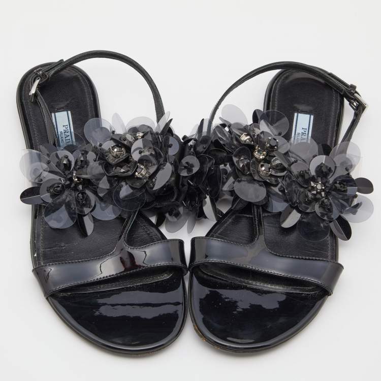 Pre Owned Prada Black Patent Leather and PVC Crystal/Beads Embellished Flat Sandals Size 38