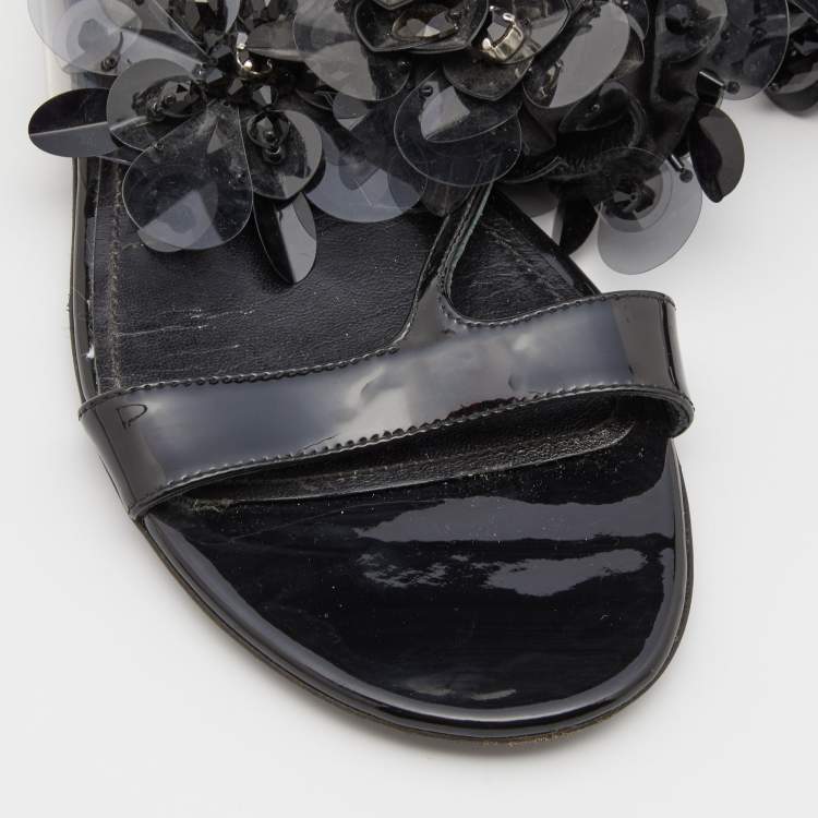 Pre Owned Prada Black Patent Leather and PVC Crystal/Beads Embellished Flat Sandals Size 38