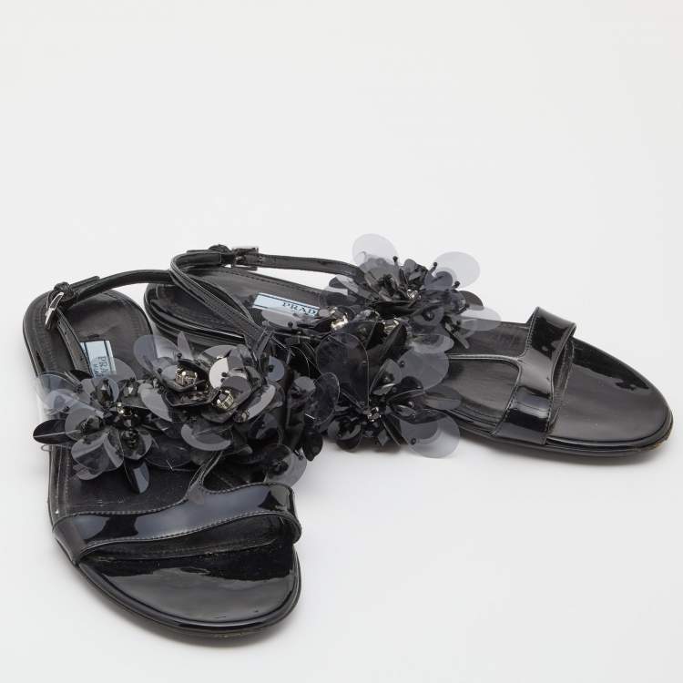 Pre Owned Prada Black Patent Leather and PVC Crystal/Beads Embellished Flat Sandals Size 38