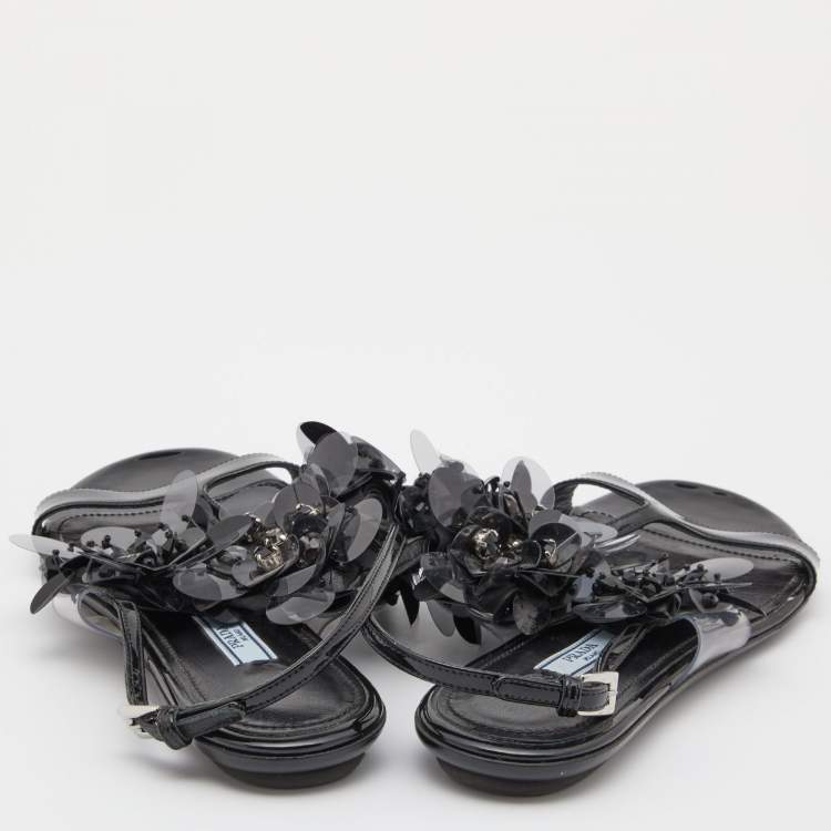 Pre Owned Prada Black Patent Leather and PVC Crystal/Beads Embellished Flat Sandals Size 38