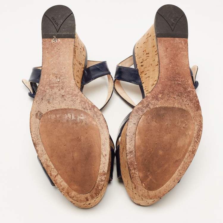 Pre Owned Prada Navy Blue Saffiano Leather Cork Wedge Platform Ankle Strap Sandals Size 40.5