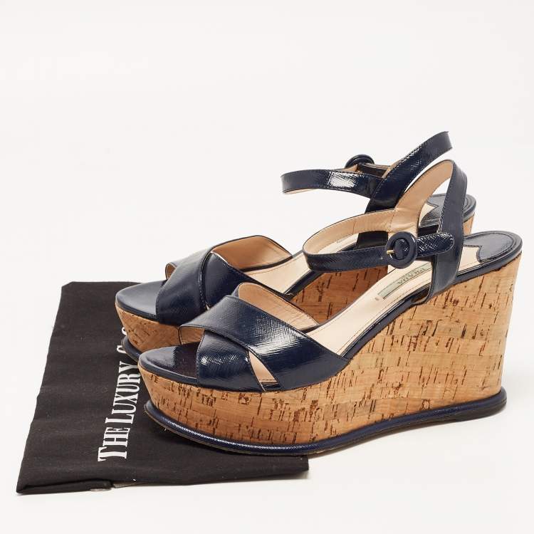 Pre Owned Prada Navy Blue Saffiano Leather Cork Wedge Platform Ankle Strap Sandals Size 40.5