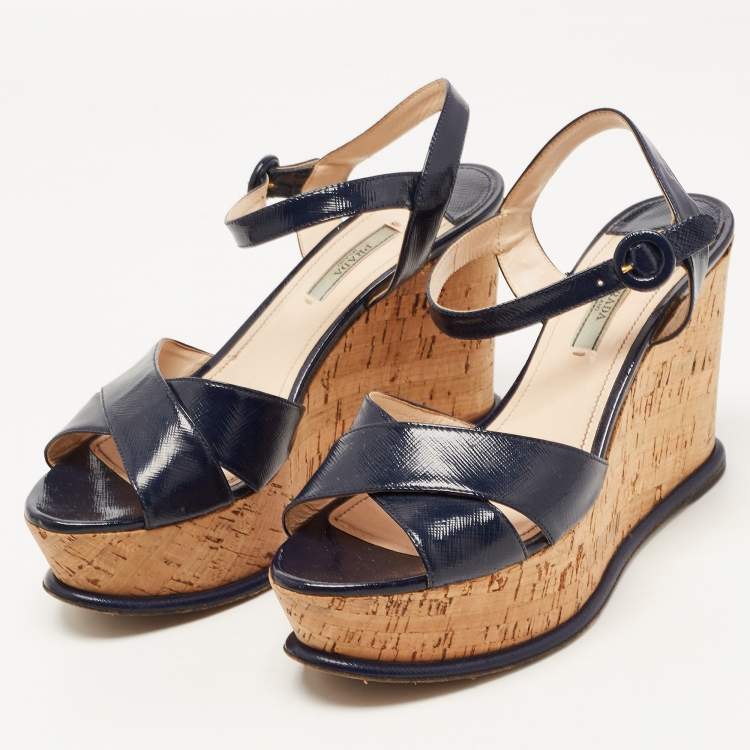 Prada Navy Blue Saffiano Leather Cork Wedge Platform Ankle Strap