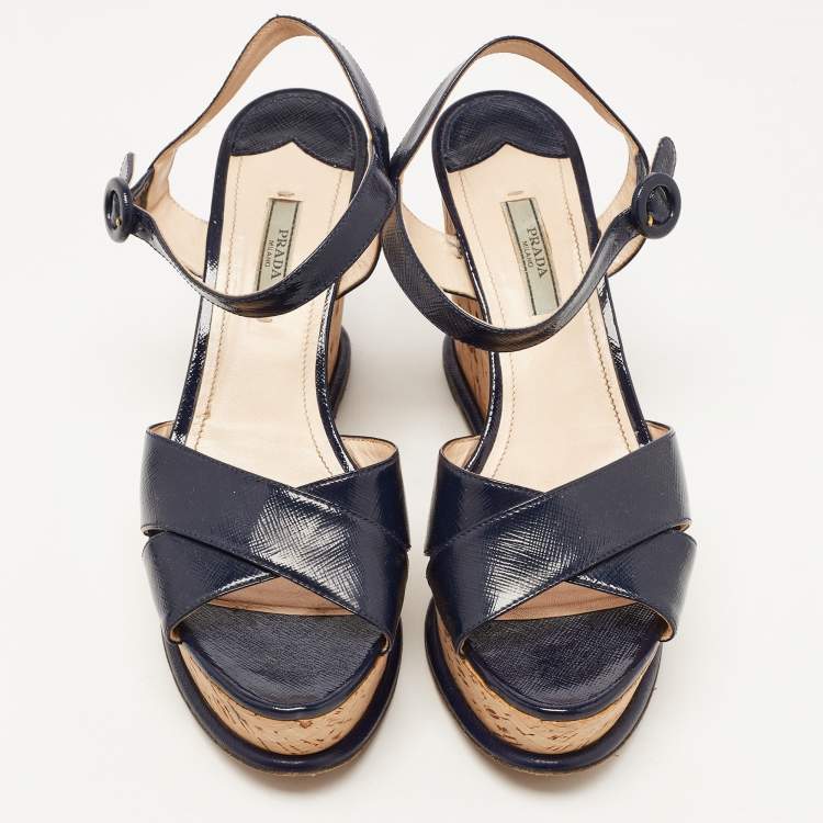 Pre Owned Prada Navy Blue Saffiano Leather Cork Wedge Platform Ankle Strap Sandals Size 40.5
