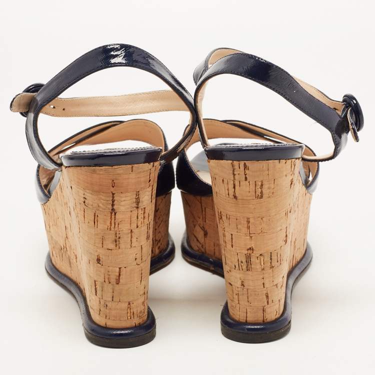 Pre Owned Prada Navy Blue Saffiano Leather Cork Wedge Platform Ankle Strap Sandals Size 40.5