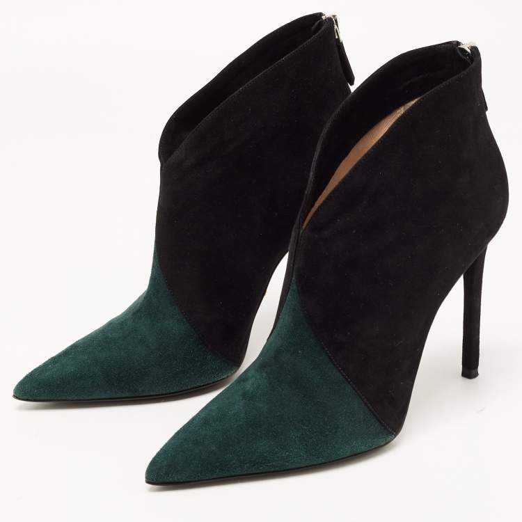 Pre Owned Prada Black/Green Suede Pointed Toe Ankle Booties Size 37.5