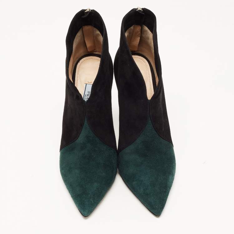 Pre Owned Prada Black/Green Suede Pointed Toe Ankle Booties Size 37.5