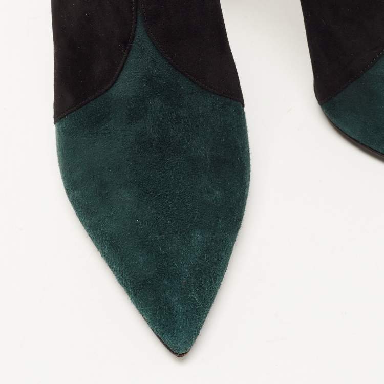 Pre Owned Prada Black/Green Suede Pointed Toe Ankle Booties Size 37.5