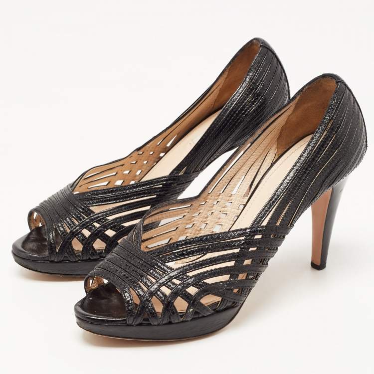 Pre Owned Prada Black Leather Cut Out Peep Toe Pumps Size 37.5