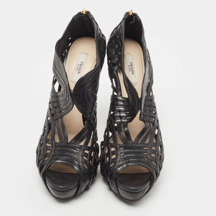 Pre Owned Prada Black Leather Cut Out Platform Open Toe Pumps Size 39