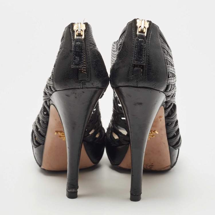 Pre Owned Prada Black Leather Cut Out Platform Open Toe Pumps Size 39