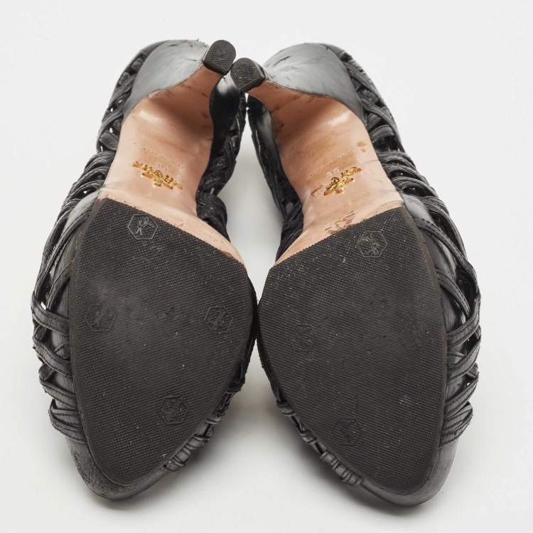 Pre Owned Prada Black Leather Cut Out Platform Open Toe Pumps Size 39