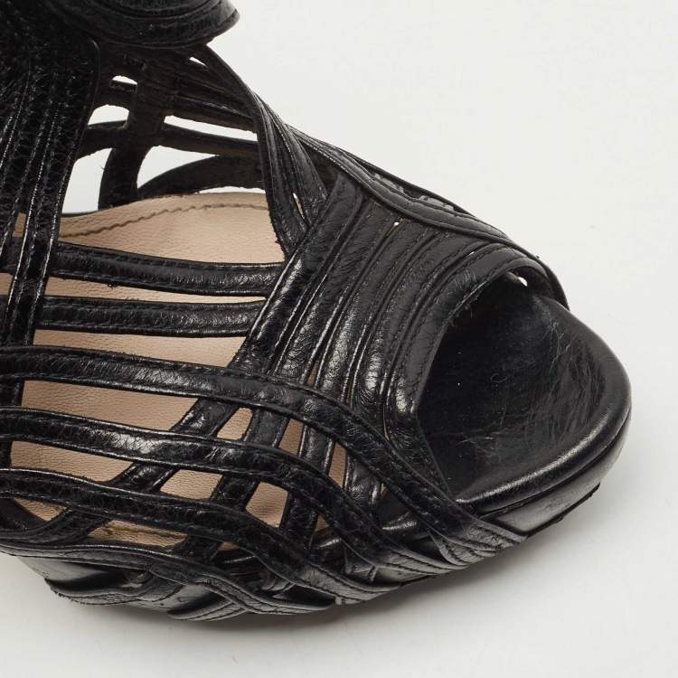 Pre Owned Prada Black Leather Cut Out Platform Open Toe Pumps Size 39