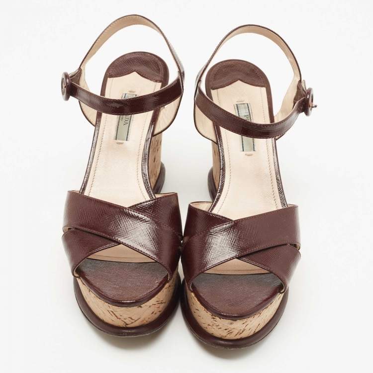 Pre Owned Prada Burgundy Vernice Saffiano Leather Cork Wedge Ankle Strap Sandals Size 40