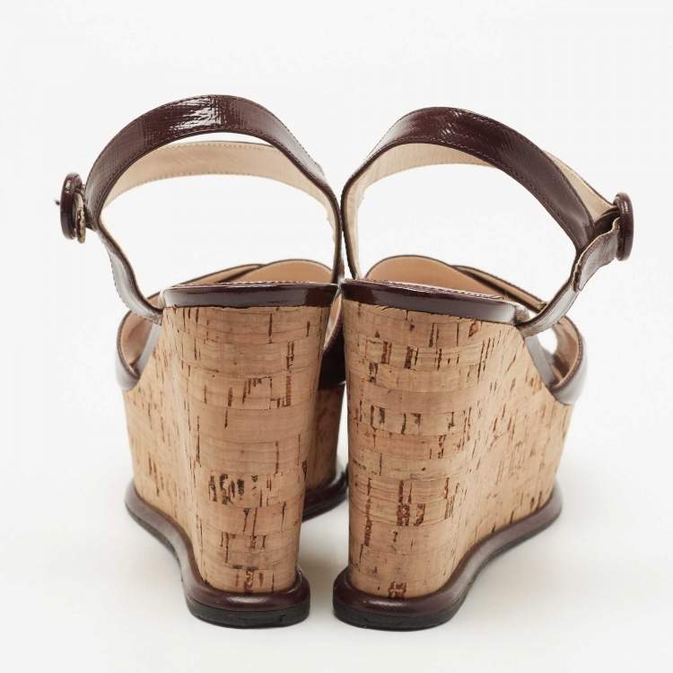 Pre Owned Prada Burgundy Vernice Saffiano Leather Cork Wedge Ankle Strap Sandals Size 40